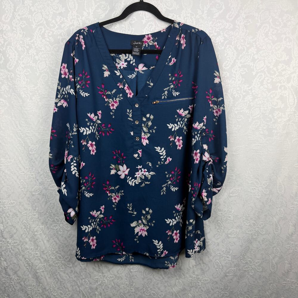Justify Women's 2XL Navy Floral Blouse Tunic Long Sleeve Zip Pocket Top